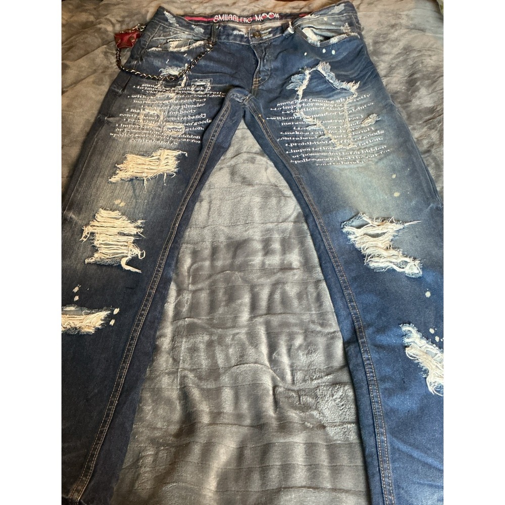 Smugglers Moon Men's Embroidered Distressed Denim Red Line Jeans - 38x35